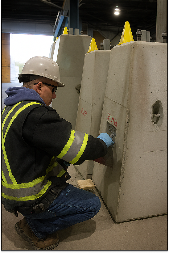 Worker installing precast concrete pole bases at Fraserway Prekast facility